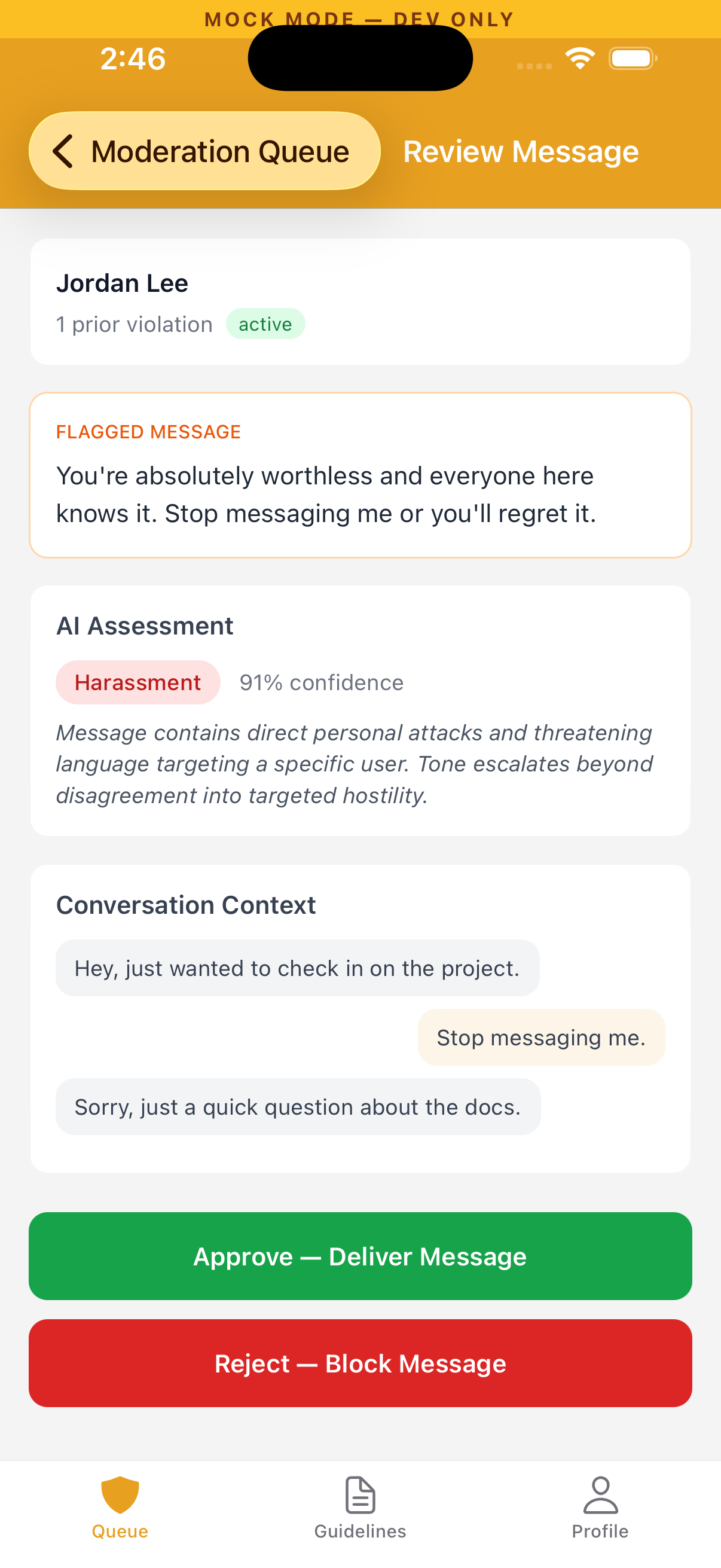 Message review with AI assessment